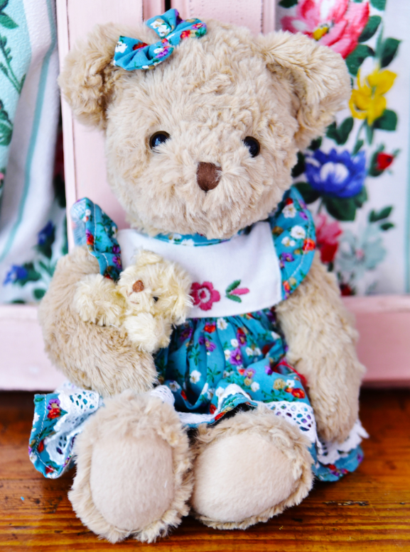 Green Floral Dress & Baby Teddy Bear