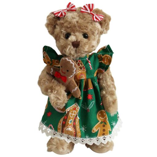 Teddy Bear with Gingerbread Man Print Dress and Baby Gingerbread